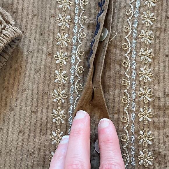 J. Jill Cotton Brown Embroidered Floral Swiss Dot Button Down Peasant Blouse S - Picture 9 of 14